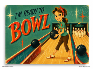 Vintage-style poster with a woman ready to bowl, featuring bold text and a retro design.
