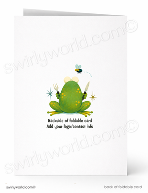 A folded white greeting card shown front and back on a white background. The front features a green cartoon frog holding a fork and knife with a small bee above, and the back text reads 'Backside of foldable card Add your logo/contact info'.