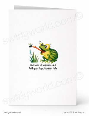 Foldable greeting card shown front and back on a white background. The front features a cartoon green frog eating a black fly with the text 'Backside of foldable card' and 'Add your logo/contact info'.
