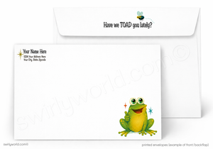 A printed white envelope set shown on a light gray background. The front envelope has a cartoon green and yellow frog with small colorful sparkles and placeholder text on the left; the back envelope shows the phrase 'Have we TOAD you lately?' with a small bee illustration.