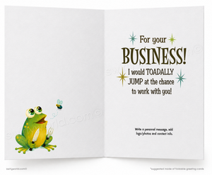 An open greeting card shown front and back. The left panel features a green and yellow cartoon frog with a small bee, while the right panel has a humorous business message printed in dark brown text with small starburst accents.