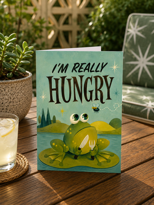 A greeting card featuring a cartoon frog eating a fork and starfish on a lily pad, with the text 'I'M REALLY HUNGRY', displayed on a wooden table in an outdoor garden setting.