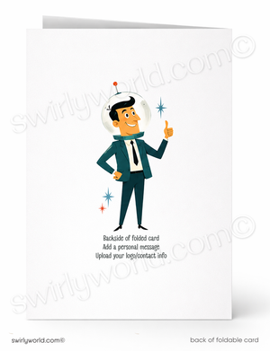 Back of a folded card with a cartoon astronaut character on a white background