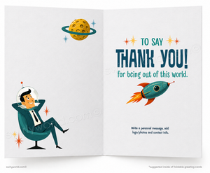 Open card with astronaut, planet, and rocket illustration with 'Thank You' message.