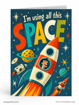 Card with a colorful rocket and space-themed text on a blue background
