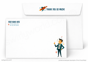 Customizable stationery set with a rocket and 'Thank you so much!' design on an envelope.