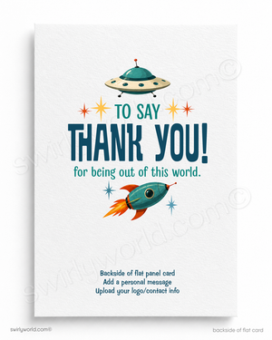 Space-themed thank you card with a UFO and rocket ship on a white background