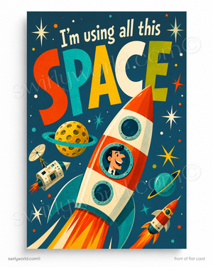 Cartoon rocket ship with colorful text 'I'm using all this SPACE' on a blue background.