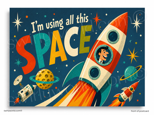 Cartoon rocket ship with space-themed text and graphics on a blue background