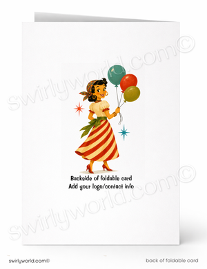 A white foldable greeting card shown front and back. The front features a retro-style illustration of a woman in a red-and-white striped dress holding balloons, with the text 'Backside of foldable card' and 'Add your logo/contact info' printed below.