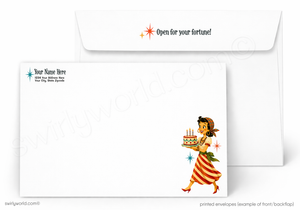 A white stationery set showing the front and back of a printed envelope. The front has placeholder text in the upper left and a retro illustration of a woman in a red-and-white striped skirt carrying a cake in the lower right.