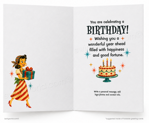 An open greeting card with a white background, featuring a retro-style illustration of a woman carrying a gift box on the left and a birthday cake with candles on the right, alongside celebratory text.