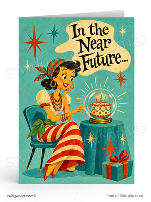 A retro-style foldable greeting card shown front-on against a white background. The card features an illustrated woman in a red-and-white striped dress sitting on a chair beside a small birthday cake under a glass dome, with the text 'In the Near Future.