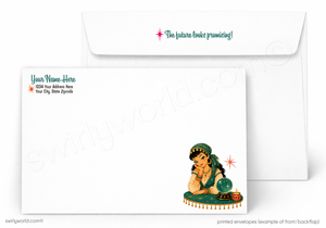 A white printed envelope set shown on a light gray background. The front envelope has a teal address block with placeholder text and a small illustrated woman gazing into a crystal ball at the lower right.