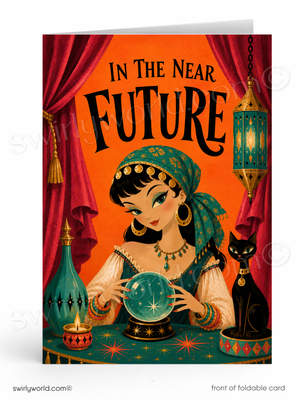 A folded greeting card featuring retro-futuristic fantasy artwork with the text 'IN THE NEAR FUTURE' above a woman in ornate clothing holding a glowing crystal ball, with red curtains, lanterns, and a black cat around her.