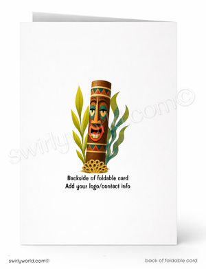 A folded white card shown front and back on a white background. The front features a colorful tiki face illustration with green leaves, and the back text reads 'Backside of foldable card' and 'Add your logo/contact info.