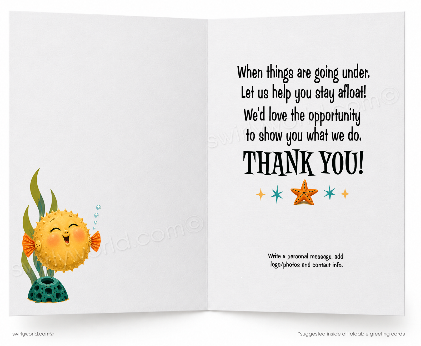 A folded greeting card shown upright on a white background. The card features a colorful underwater scene with a round yellow puffer fish blowing pink cheeks, large black text reading 'It Really Does Blow!', a brown tiki figure, coral, seaweed, and sea urchins.