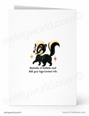 A folded white card shown front and back on a white background. The front features a cartoon skunk with a black body, cream stripe, and orange starburst accents, with placeholder text reading 'Backside of foldable card' and 'Add your logo/contact info.