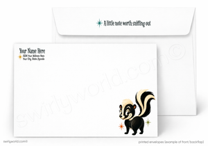 A white stationery set shown on a light gray background, featuring a rectangular letterhead envelope with a cartoon skunk illustration and sample text, plus a matching square envelope behind it with printed text at the top.