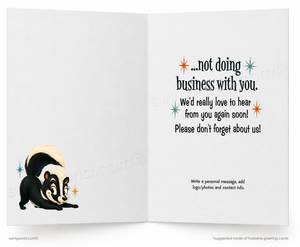 An open greeting card with a white interior. The left panel shows a cartoon skunk illustration at the bottom left.