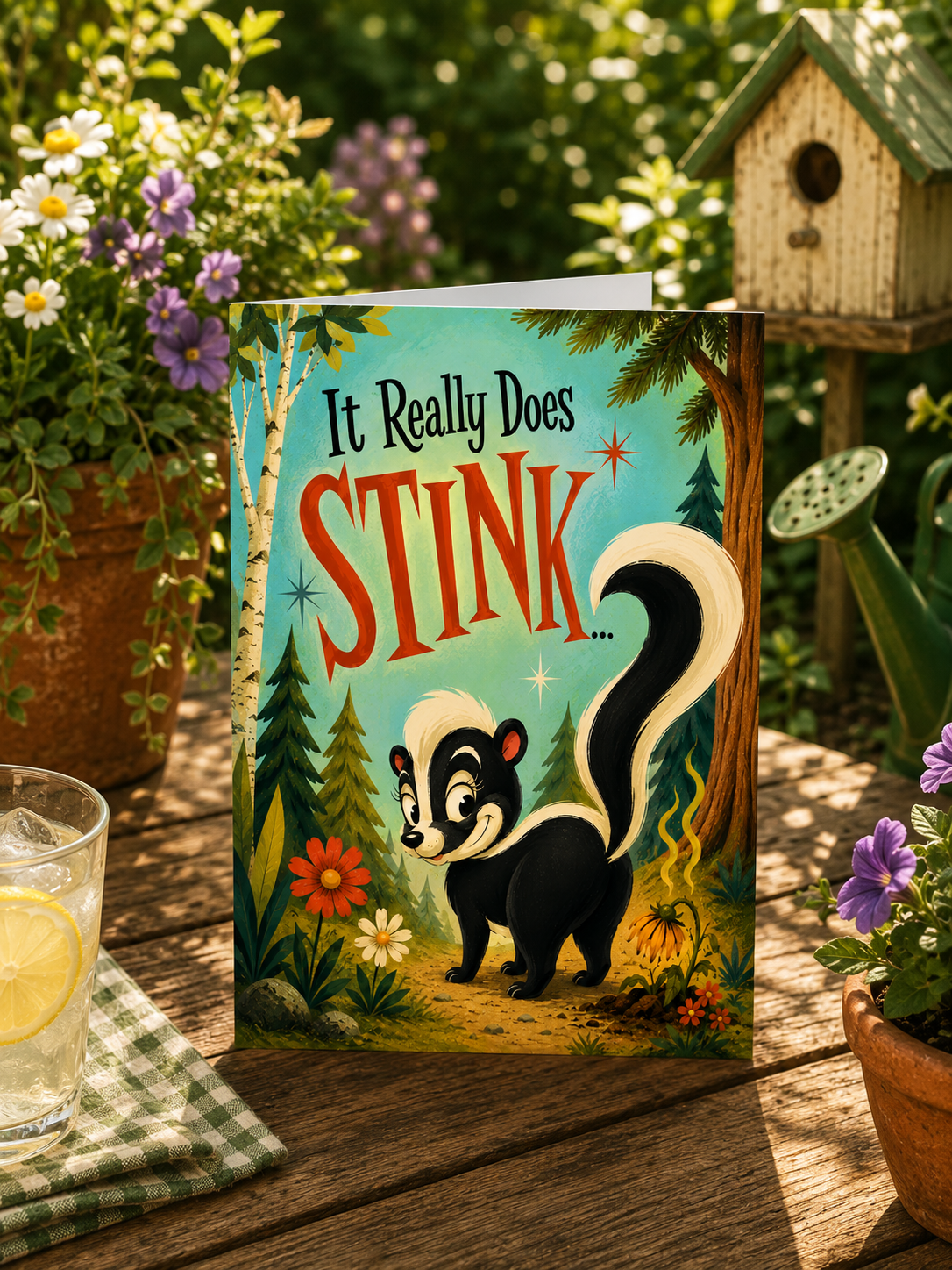 A retro-style foldable greeting card featuring an illustration of a skunk in a forest with the text 'It Really Does STINK.