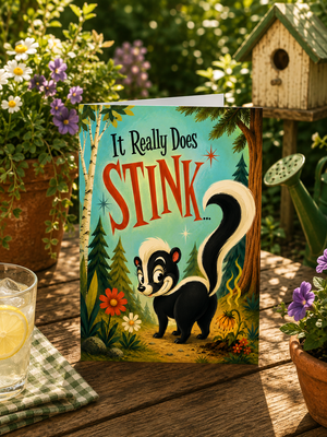 A greeting card featuring a whimsical illustration of a skunk in a forest with the text 'It Really Does STINK' is displayed on a wooden table in a garden setting.
