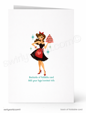 Greeting card with a retro-style illustration of a woman holding a cake, on a white background.