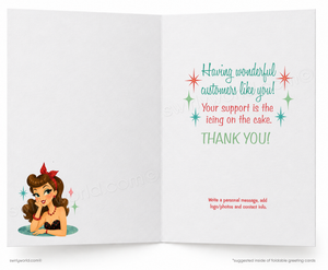 Open card with cartoon character and celebratory text on a white background