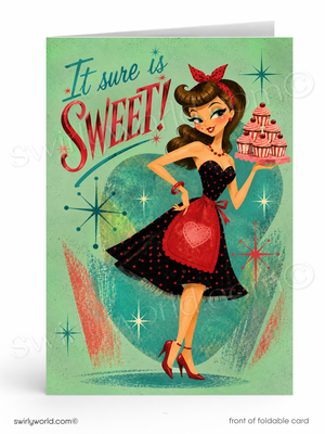 Vintage-style greeting card with a woman holding a cake and text 'It sure is sweet!' on a green background.
