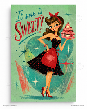 Vintage-style illustration of a woman holding cupcakes with text 'It sure is sweet!' on a green background.