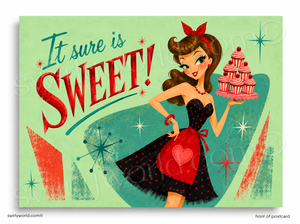 Vintage-style poster with a woman holding a cupcake tower and text 'It sure is SWEET!' on a green background.