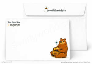 A white printed envelope set shown on a light gray background. The front envelope features a cartoon brown bear sitting on a treasure chest with a small sparkle, and the back envelope has placeholder text including 'Your Name Here' and 'A sweet little note inside'.