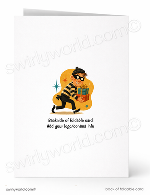 A white foldable card shown front and back on a light gray background. The front has a small cartoon burglar carrying a gift, and the back reads 'Backside of foldable card' and 'Add your logo/contact info'.