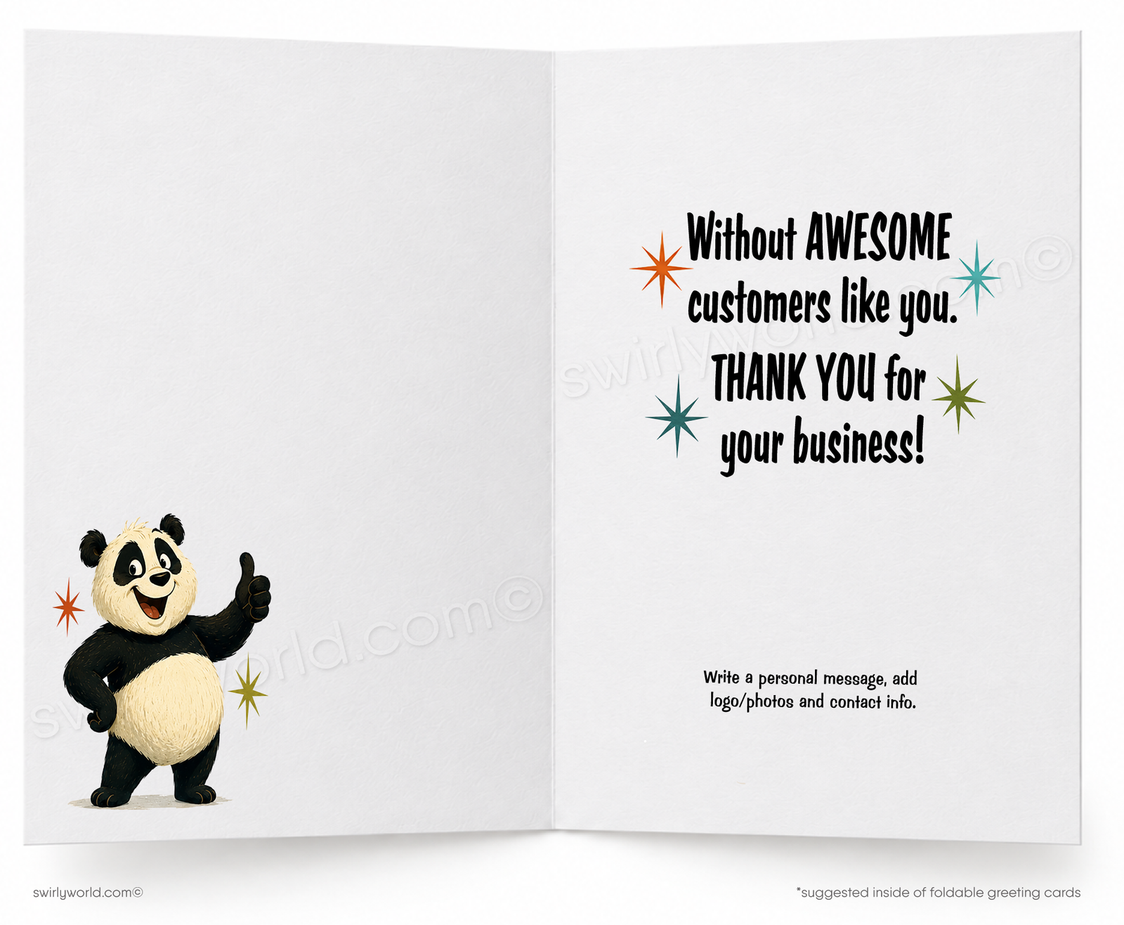 A folded greeting card shown front-facing on a white background. The card features a cartoon panda sitting in a bamboo jungle scene with the text 'it Would be PANDEMONIUM!' in large black letters.