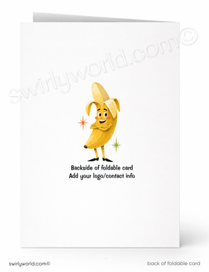 A white foldable greeting card shown front and back. The front features a cartoon smiling banana with small star accents and placeholder text reading 'Backside of foldable card Add your logo/contact info.