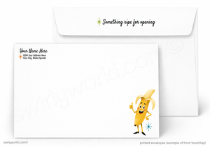 A printed white envelope set shown on a light gray background. The front envelope has a yellow cartoon banana character and a small blue snowflake, with placeholder address text on the left.
