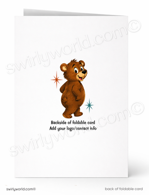 Back side of a foldable greeting card shown on a white background, featuring a cartoon brown bear with small star accents and the text 'Backside of foldable card Add your logo/contact info'.