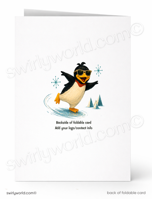 A folded greeting card shown front and back on a white background. The front features a cartoon penguin wearing sunglasses and balancing on ice, with small sailboats and snowflake graphics.