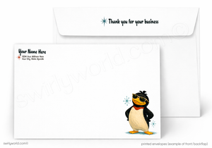 A printed stationery set showing a white envelope with a penguin illustration and a white letterhead card with placeholder text, on a light gray background.