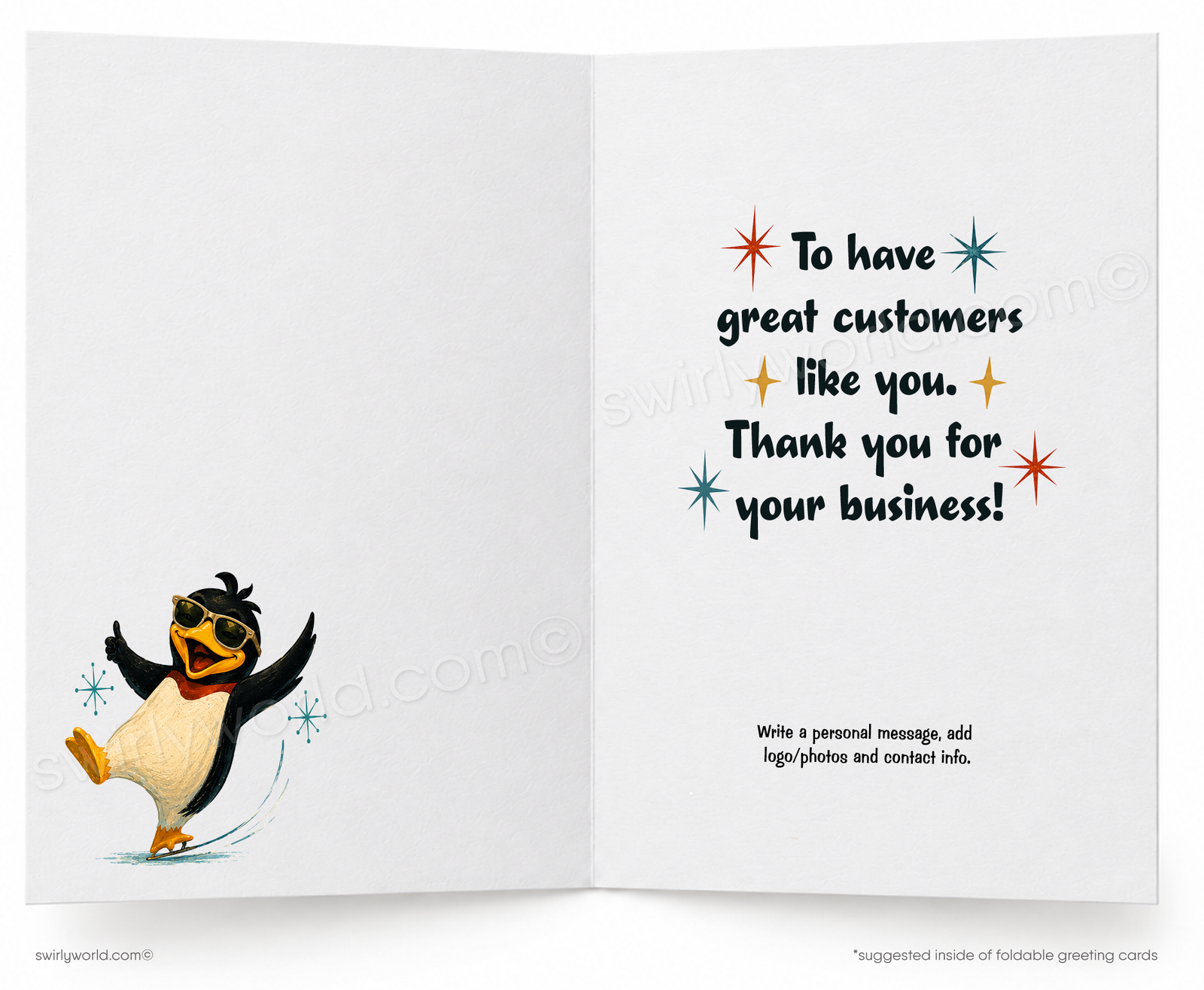 A retro-style foldable greeting card featuring a cartoon penguin wearing sunglasses and pointing, with the text 'It's Cool' on a light blue and cream background with icy mountain illustrations.