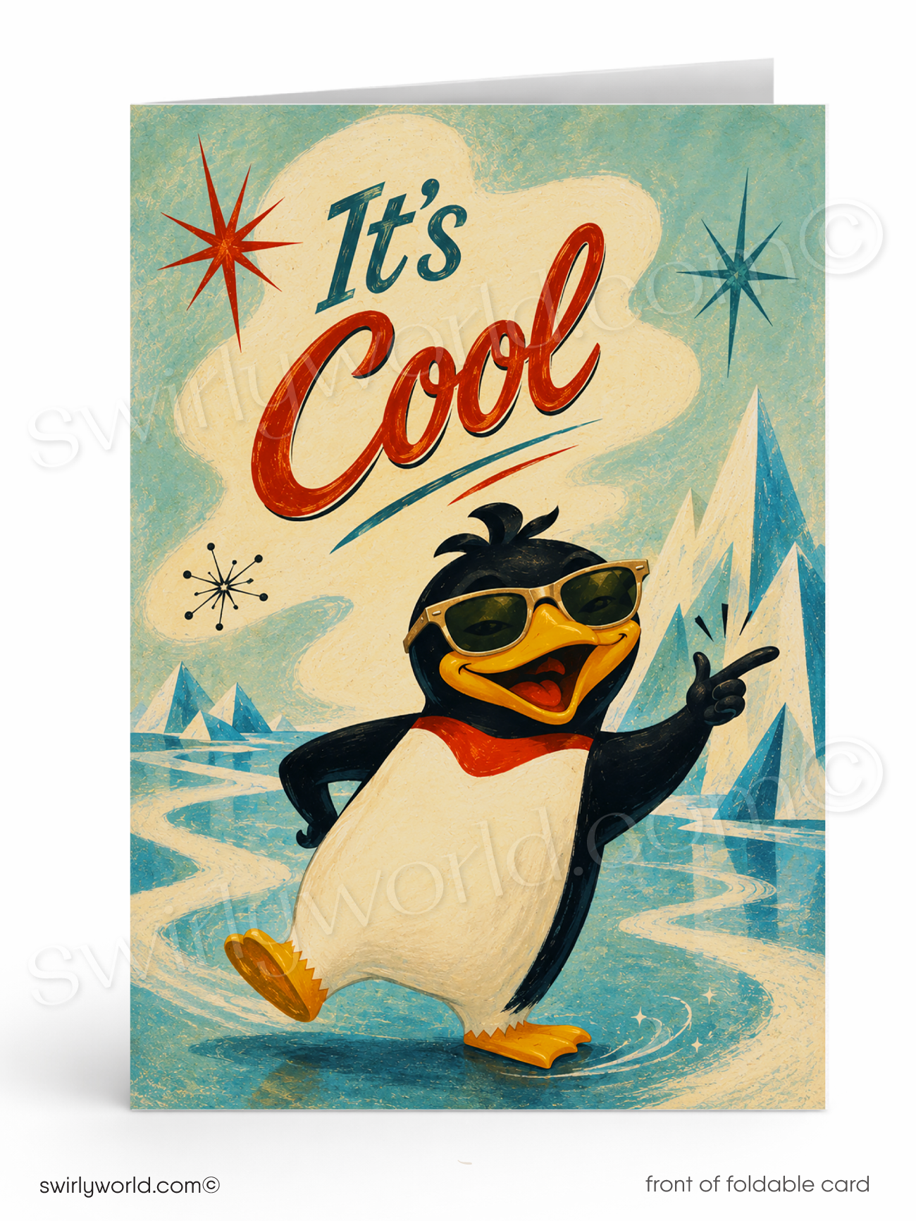 A retro-style foldable greeting card featuring a cartoon penguin wearing sunglasses and pointing, with the text 'It's Cool' on a light blue and cream background with icy mountain illustrations.