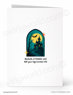 A white foldable card shown front and back. The front features a Halloween-themed illustration with a haunted house, bats, moon, and stars, plus placeholder text reading 'Backside of foldable card' and 'Add your logo/contact info.