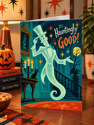 A Halloween greeting card featuring a glowing green ghost in a top hat and tailcoat with the text 'It's Hauntingly Good!' on a decorated wooden table.