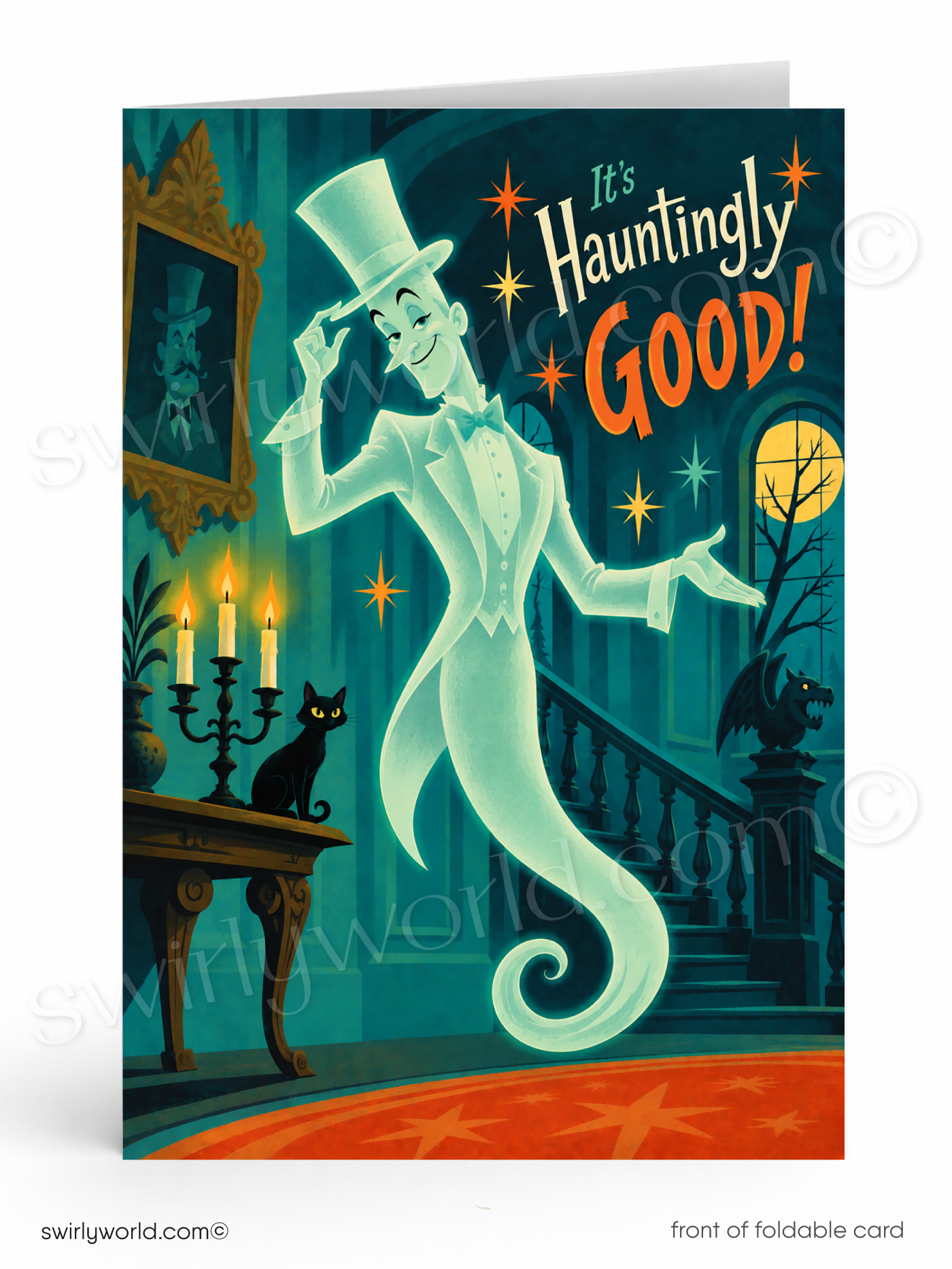 A vintage-style Halloween greeting card featuring a glowing ghost in a top hat dancing in a haunted house, with the text 'It's Hauntingly Good!' and a black cat on a table. The card is shown standing upright against a white background.