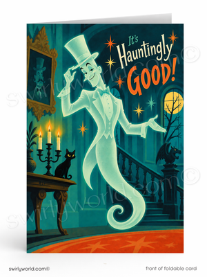 A vintage-style Halloween greeting card featuring a glowing ghost in a top hat dancing in a haunted house, with the text 'It's Hauntingly Good!' and a black cat on a table. The card is shown standing upright against a white background.