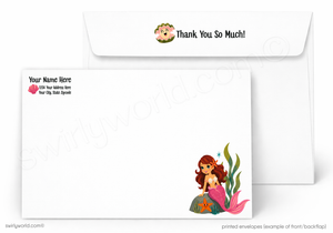 A set of printed white envelopes shown on a light gray background. The front envelope features a cartoon mermaid illustration with pink, orange, and green details near the bottom right, and the back envelope shows a printed message reading 'Thank You So Much!' with a small floral icon.