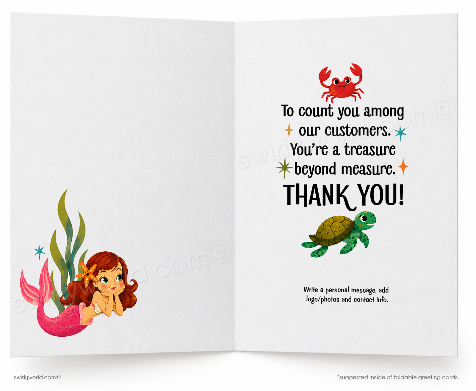 A colorful folded greeting card featuring an underwater mermaid scene with the text 'It's so FINTANTIC' on a scroll banner. The card shows a mermaid with red hair and a pink tail, surrounded by fish, a crab, a treasure chest, a seahorse, a blue octopus, a black sea urchin, and a seagull at the top.