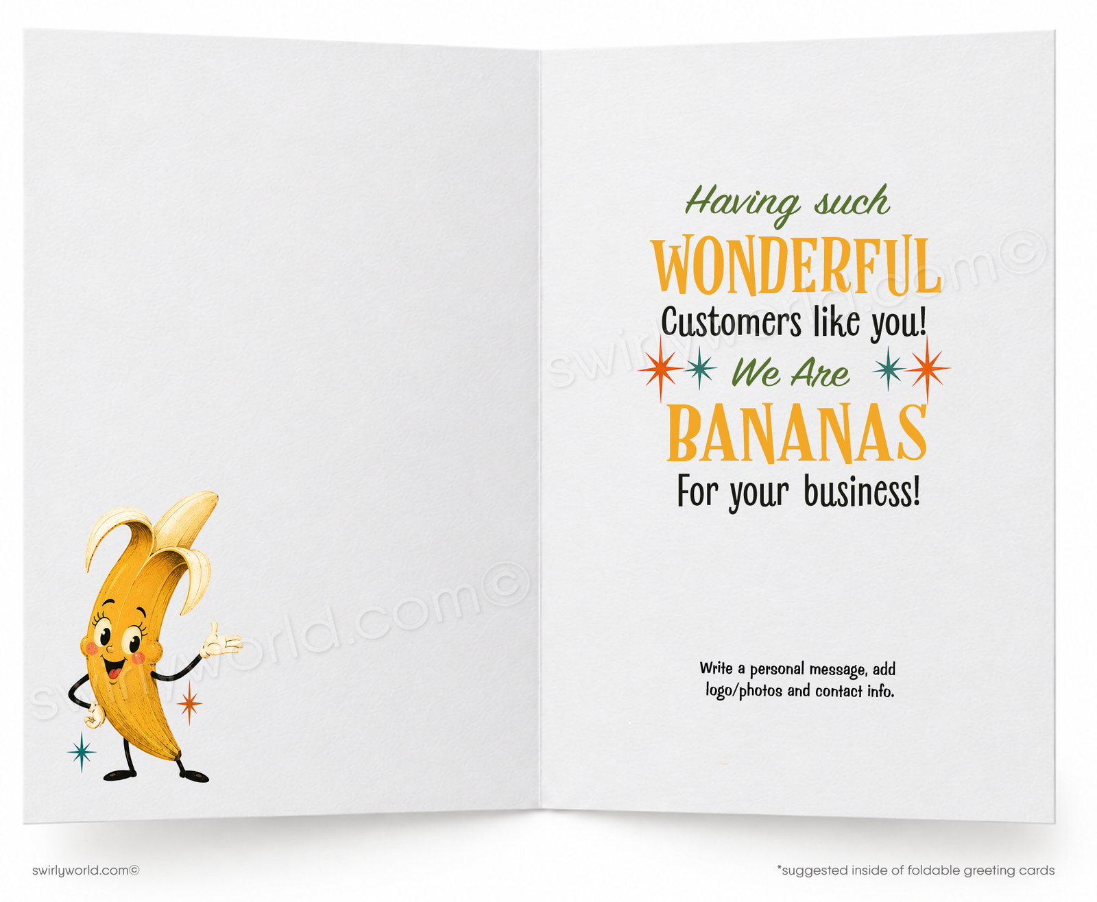 A folded greeting card shown against a white background. The card features a retro-style illustration of a smiling banana standing at a fruit stand with signs reading 'It's so very APPEALING.