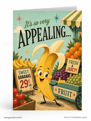 A folded greeting card shown against a white background. The card features a retro-style illustration of a smiling banana standing at a fruit stand with signs reading 'It's so very APPEALING.