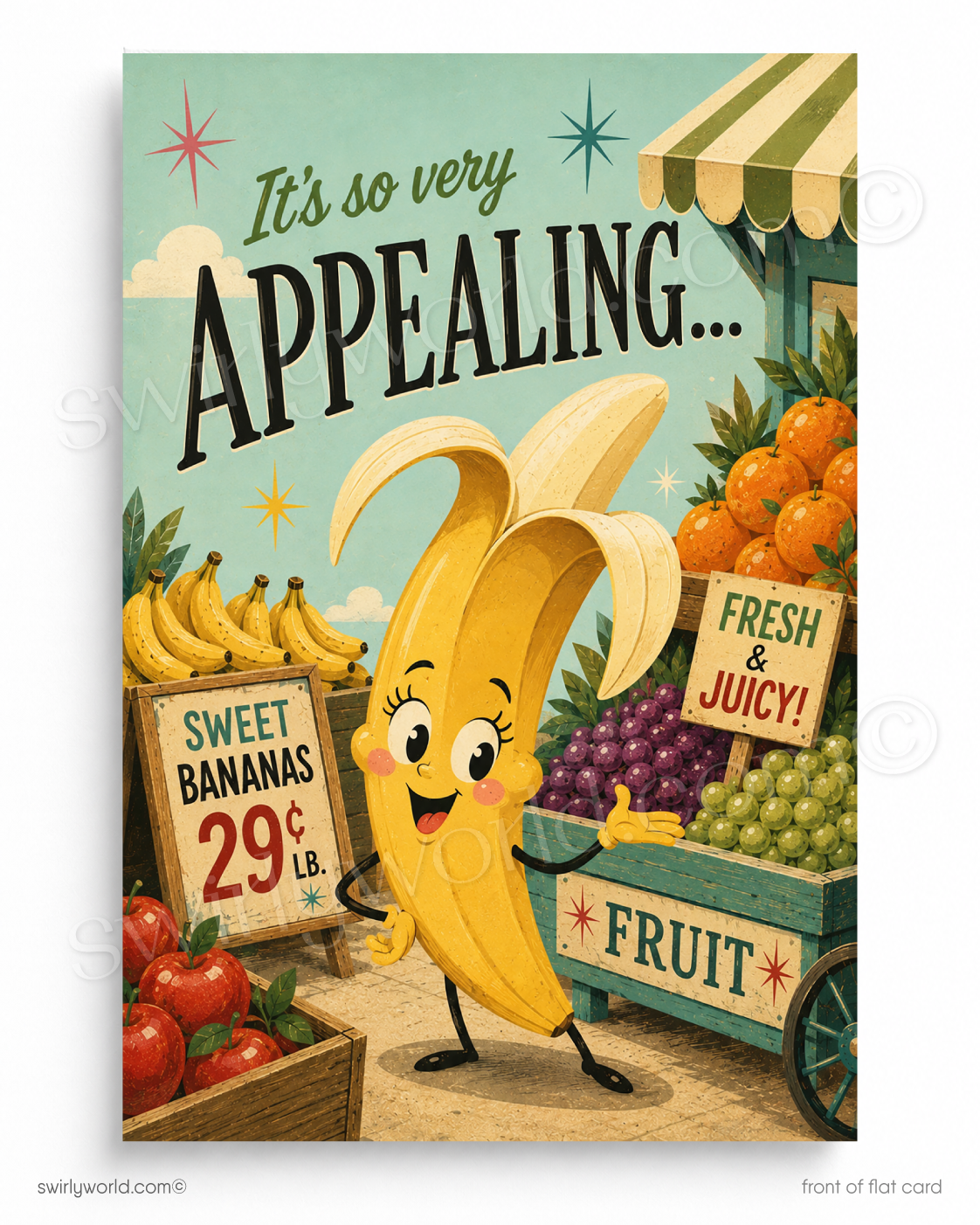 A retro-style illustrated fruit market poster featuring a smiling cartoon banana standing beside a fruit stand with signs reading 'Sweet Bananas 29¢ LB.' and 'Fresh & Juicy!'.